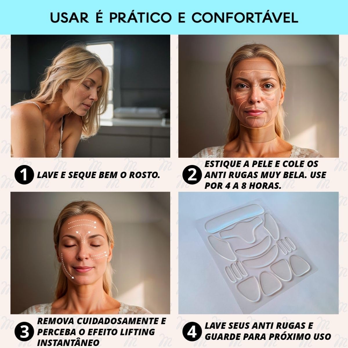 Kit Adesivo Anti Rugas em Silicone para Rosto, Colo e Pescoço, 18 Peças, Reutilizável e Lavável, Skin Care