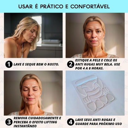Kit Adesivo Anti Rugas em Silicone para Rosto, Colo e Pescoço, 18 Peças, Reutilizável e Lavável, Skin Care