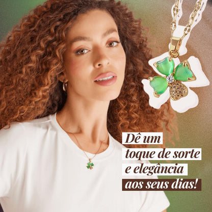 Colar Feminino Trevo de Quatro Folhas - "Emerald Hope" em Aço Inoxidável Banhado a Ouro 18K com Zircônia Verde – 40cm
