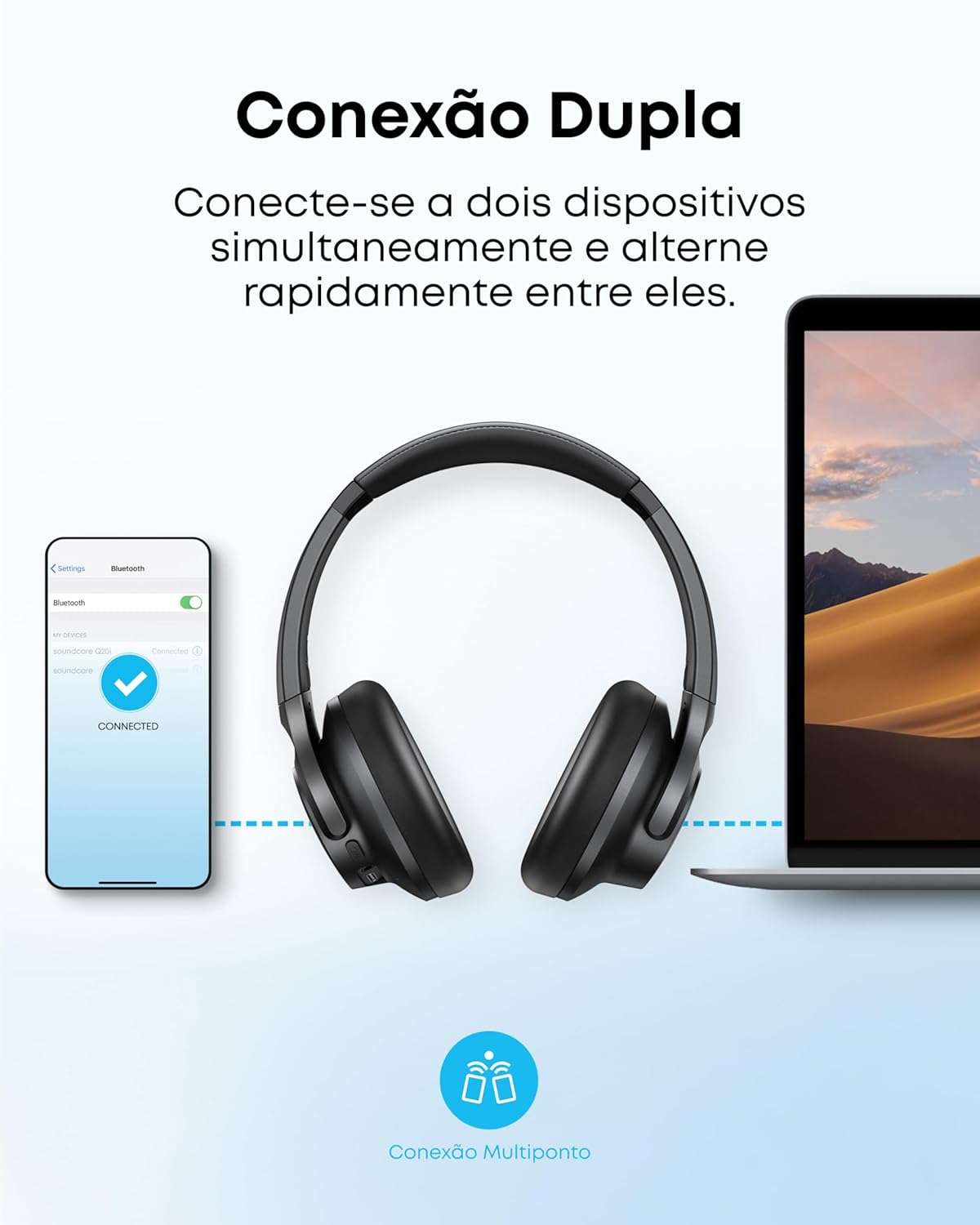 soundcore Q20i da Anker, Fone de Ouvido Bluetooth com Cancelamento de Ruído Híbrido Ativo, Headphone Sem Fio, 60h Bateria, Áudio Hi-Res, Graves Potentes, App Personalização, Modo Transparência, Preto