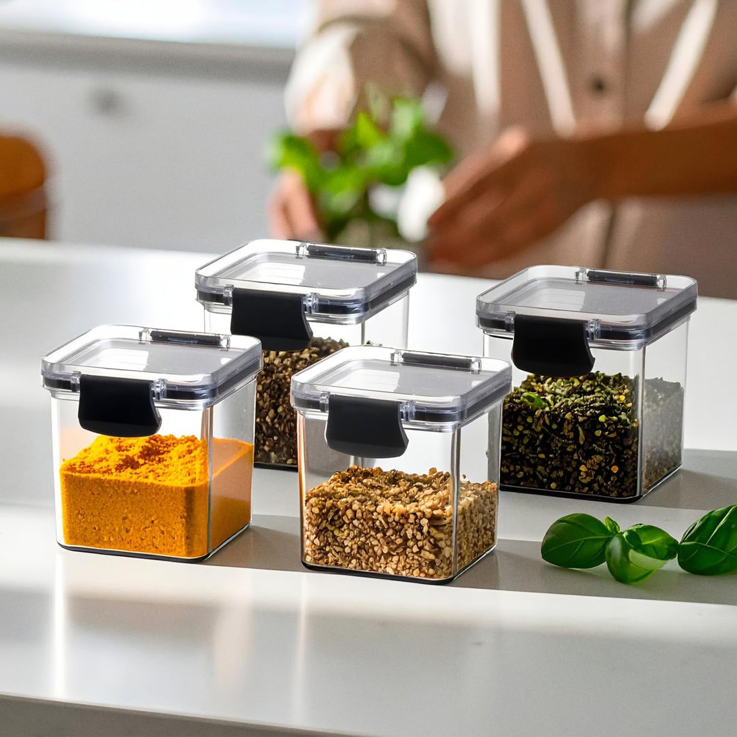 Kit 6 Potes Herméticos Mini Block Plasnorthon 260 ml Porta Temperos Para Cozinha e Bancada Com Suporte em Acrílico