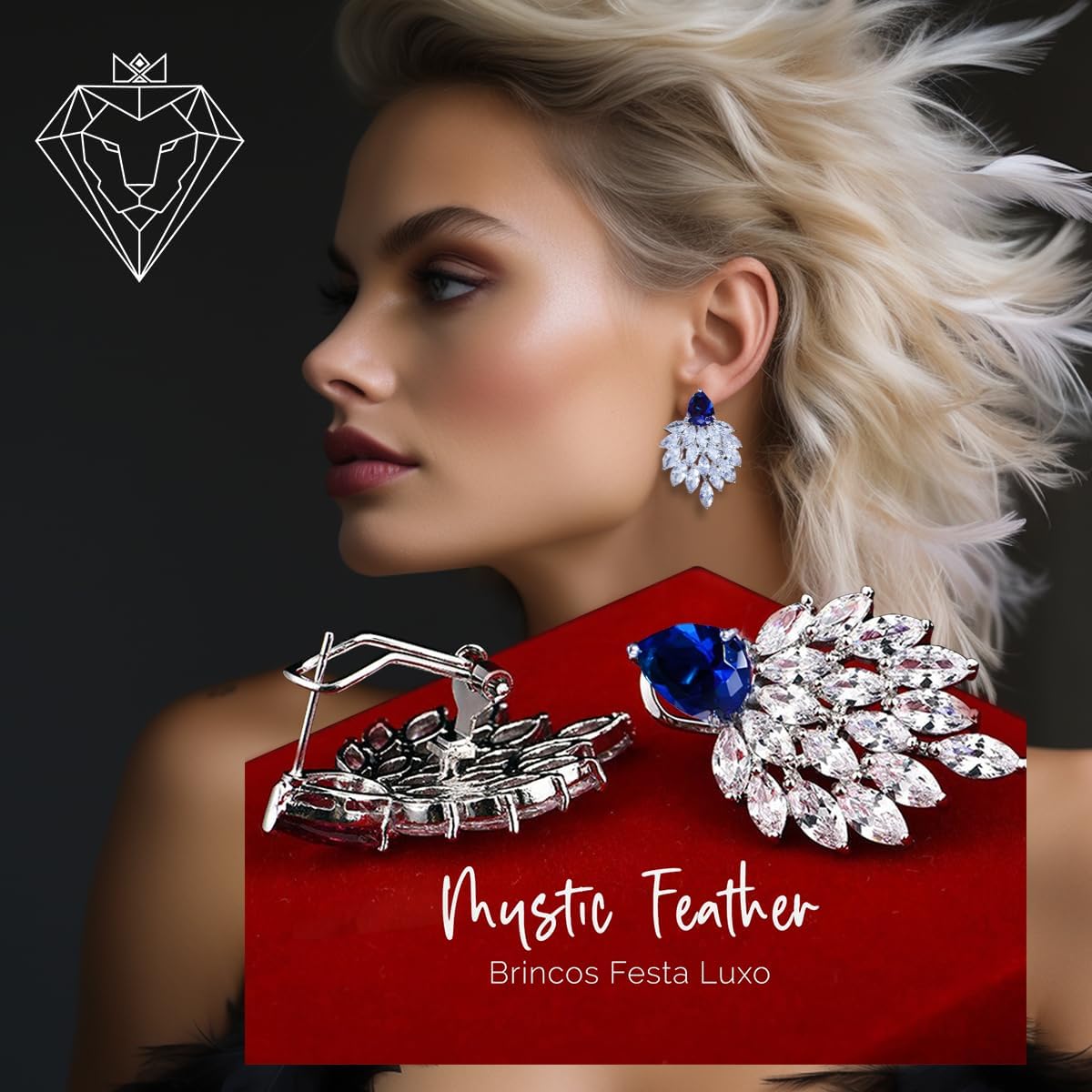 Brincos Femininos Festa Luxo "Mystic Feather" – Cravejado em Zircônias Marquise – 4 Cores – Moderno, Elegante e Sofisticado – Acompanha Bolsa de Veludo