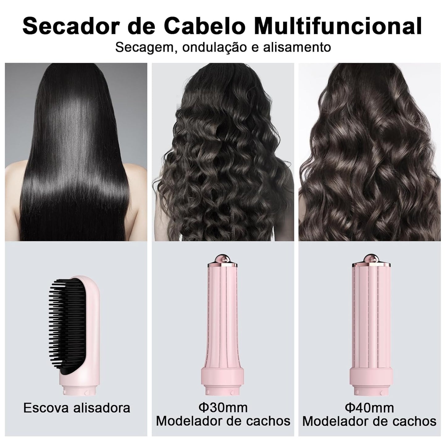 GOKOCO Secador de Cabelo 5 em 1 Conjunto, Escova Secadora 1400W Alta Velocidade 110000 Rpm, Kit Modelador Liso e Cacheado com Bocal Magnético 127Volt e 110Volt, Rosa