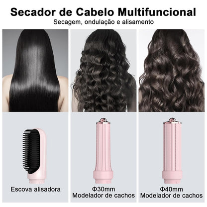 GOKOCO Secador de Cabelo 5 em 1 Conjunto, Escova Secadora 1400W Alta Velocidade 110000 Rpm, Kit Modelador Liso e Cacheado com Bocal Magnético 127Volt e 110Volt, Rosa