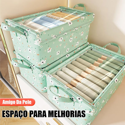 Kit com 2 Caixas Organizadoras Floral Verde, Tampa Transparente e Estrutura de Aço - Oxford Resistente, Organização Prática para Quarto, Closet e Casa