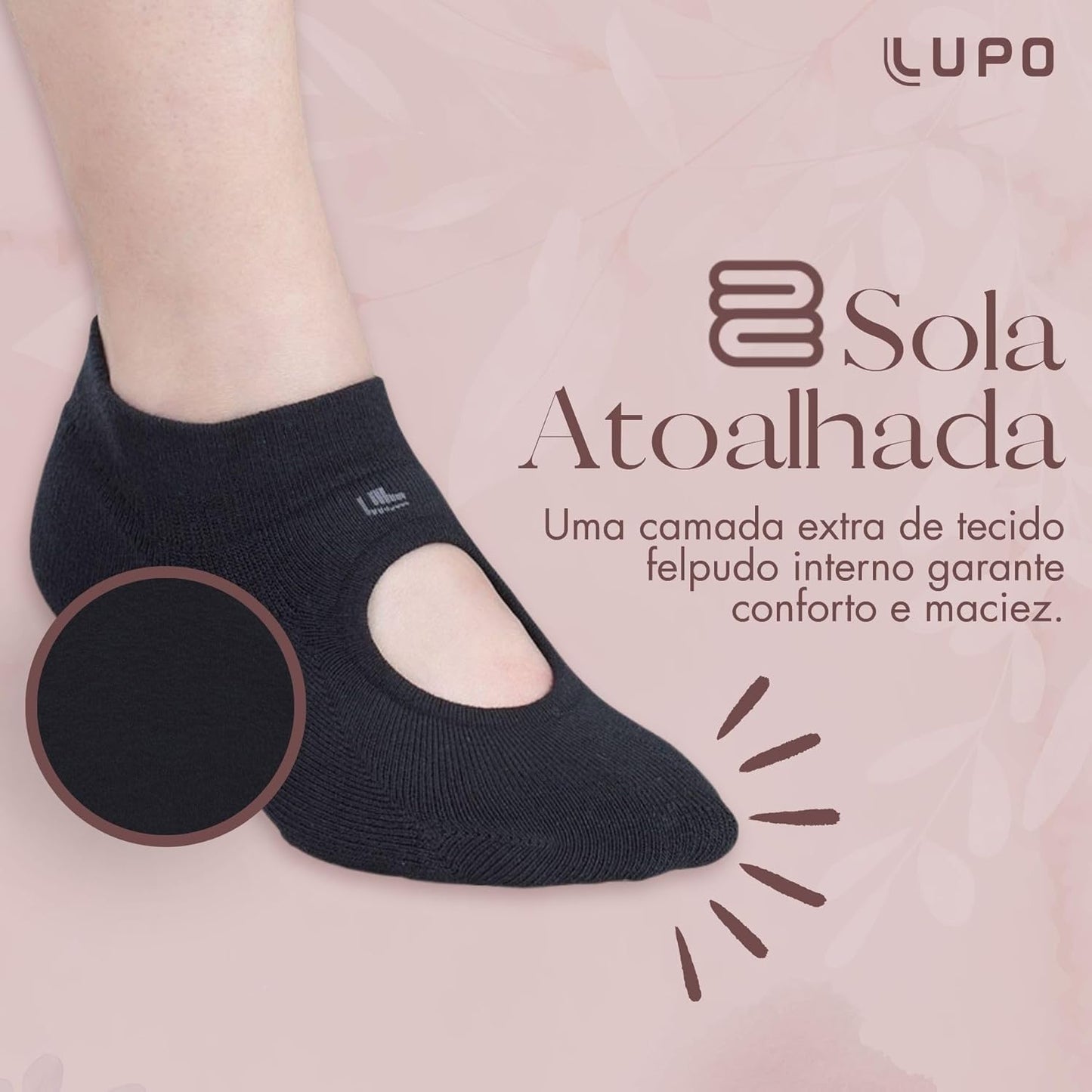 LUPO Meia Pilates Antiderrapante Sport Sapatilha Feminina Algodão, Preto, M (37-40)