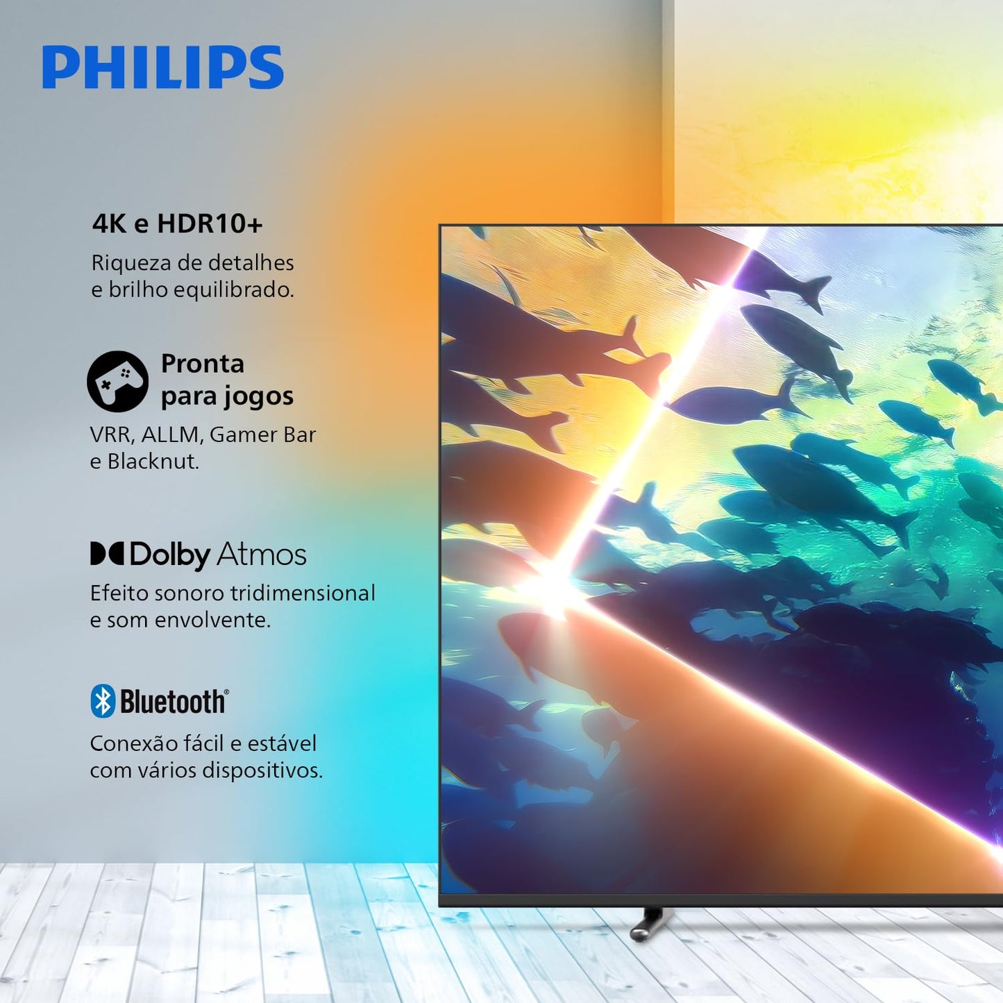 PHILIPS, Smart TV Ambilight 55" 4K, 55PUG8100/78, Comando de Voz, HDR10+/Dolby Atmos, VRR/ALLM, Bluetooth