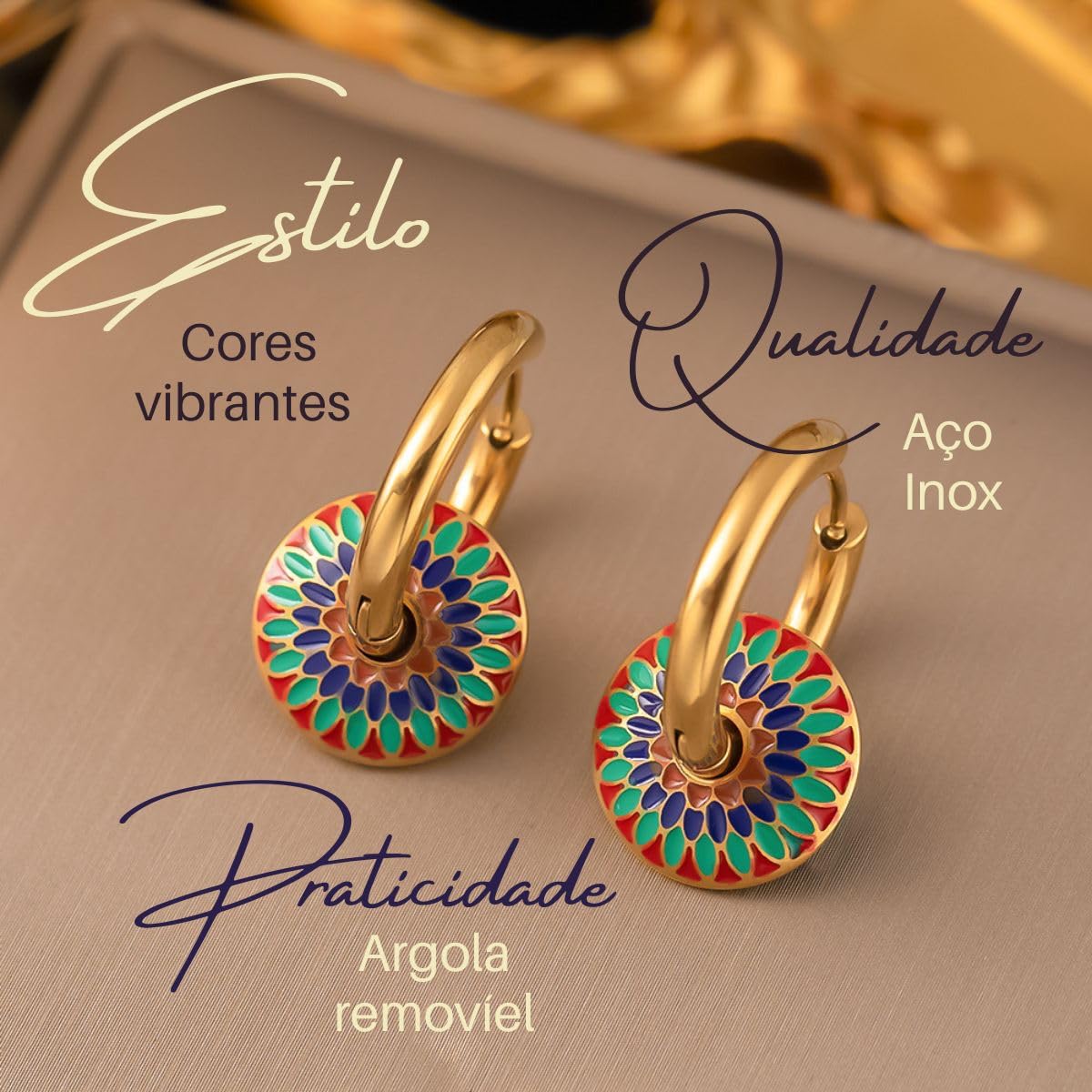 Conjunto Feminino ¨Talavera¨ em Aço Inoxidável – Brincos com Pingente Removível, Corrente 45cm – Cores Vibrantes, Estilo e Versatilidade – Acompanha Bolsa de Veludo