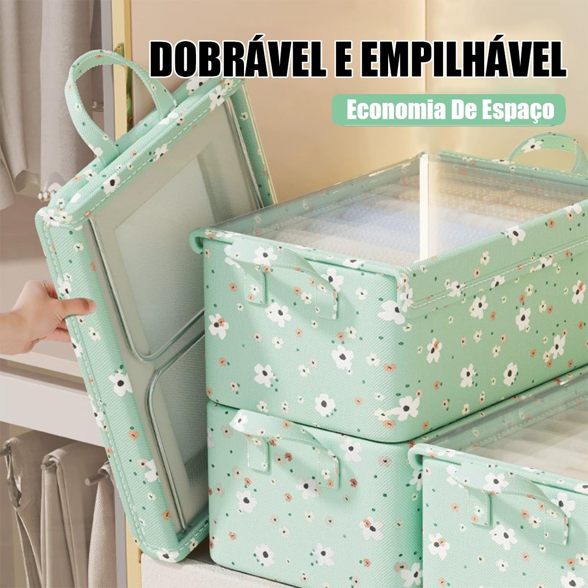 Kit com 2 Caixas Organizadoras Floral Verde, Tampa Transparente e Estrutura de Aço - Oxford Resistente, Organização Prática para Quarto, Closet e Casa