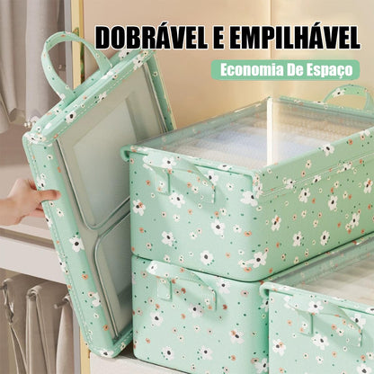 Kit com 2 Caixas Organizadoras Floral Verde, Tampa Transparente e Estrutura de Aço - Oxford Resistente, Organização Prática para Quarto, Closet e Casa