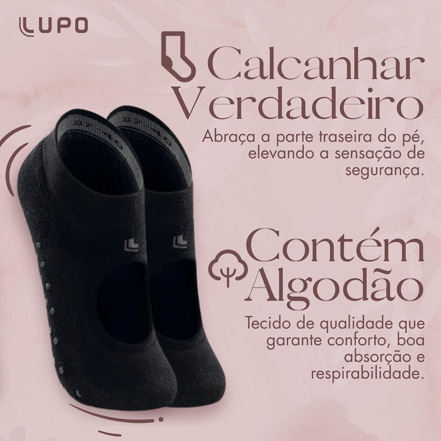 LUPO Meia Pilates Antiderrapante Sport Sapatilha Feminina Algodão, Preto, M (37-40)