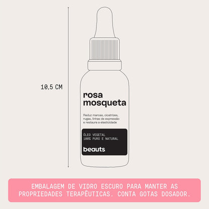 Óleo de Rosa Mosqueta - Puro, Uniformizador, Hidratante e Antioxidante - Para Manchas, Rugas, Estrias e Melhor Elasticidade - Uso Facial, Oleo Corporal e Cabelos - 100% Pura Natural Vegano - 30 mL Beauts