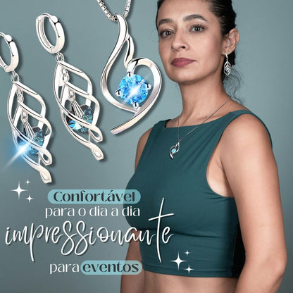Conjunto Feminino "Esterlina Blue" com Colar e Brincos Banhados em Prata 925 – Semijoia com Pingentes de Zircônia Azul em Formato de Coração – Elegância e Sofisticação para o Dia a Dia
