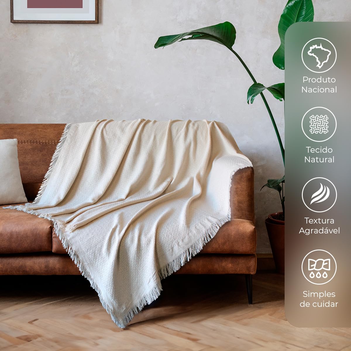 Decolab Manta para Sofá em Algodão com Franjas Artesanais | Cobertor Decorativo para Sofa, Poltrona e Cama | Estilo Boho Chic (Branca-Cru)