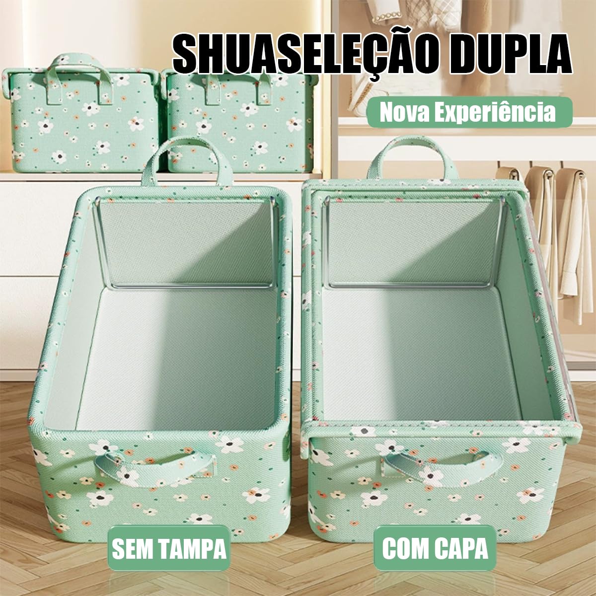 Kit com 2 Caixas Organizadoras Floral Verde, Tampa Transparente e Estrutura de Aço - Oxford Resistente, Organização Prática para Quarto, Closet e Casa