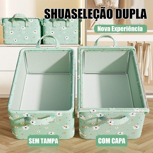 Kit com 2 Caixas Organizadoras Floral Verde, Tampa Transparente e Estrutura de Aço - Oxford Resistente, Organização Prática para Quarto, Closet e Casa