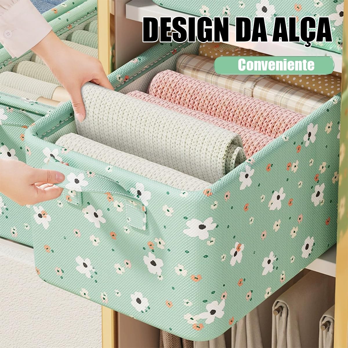 Kit com 2 Caixas Organizadoras Floral Verde, Tampa Transparente e Estrutura de Aço - Oxford Resistente, Organização Prática para Quarto, Closet e Casa