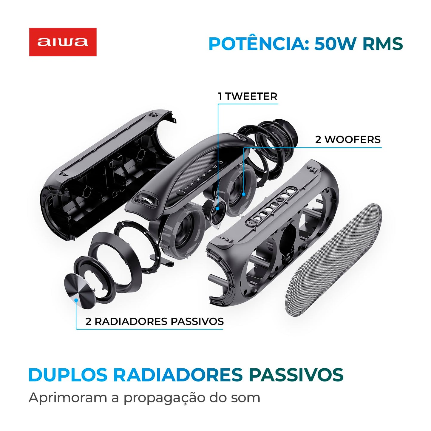 Caixa de Som Boombox AIWA BBS-02A 50W Bluetooth 8H IPX5 RGB USB