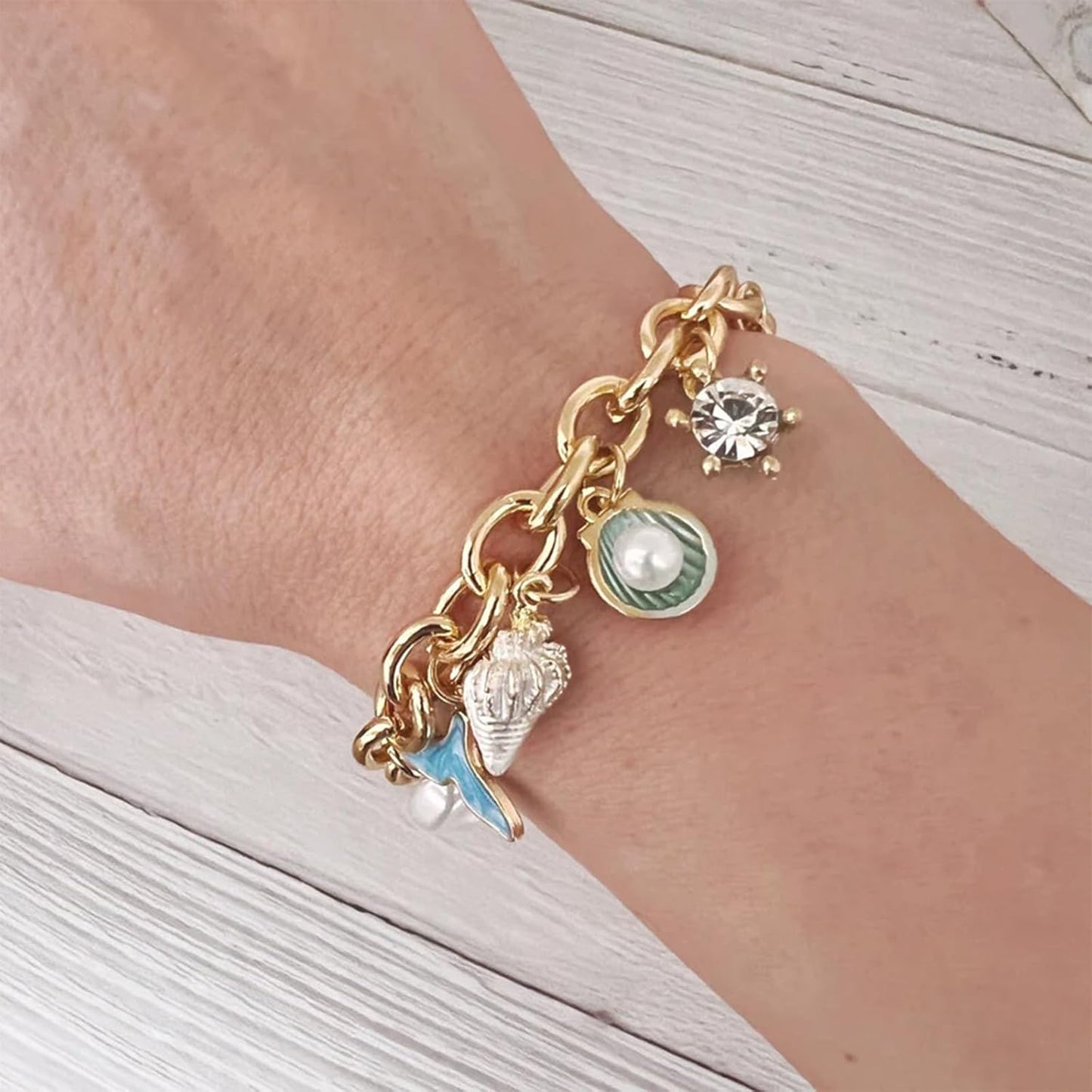 Pulseira com pingentes de oceano, joias de verão, acessórios de estilo de férias 2025, Medium, Latão, Sem Pedra Preciosa