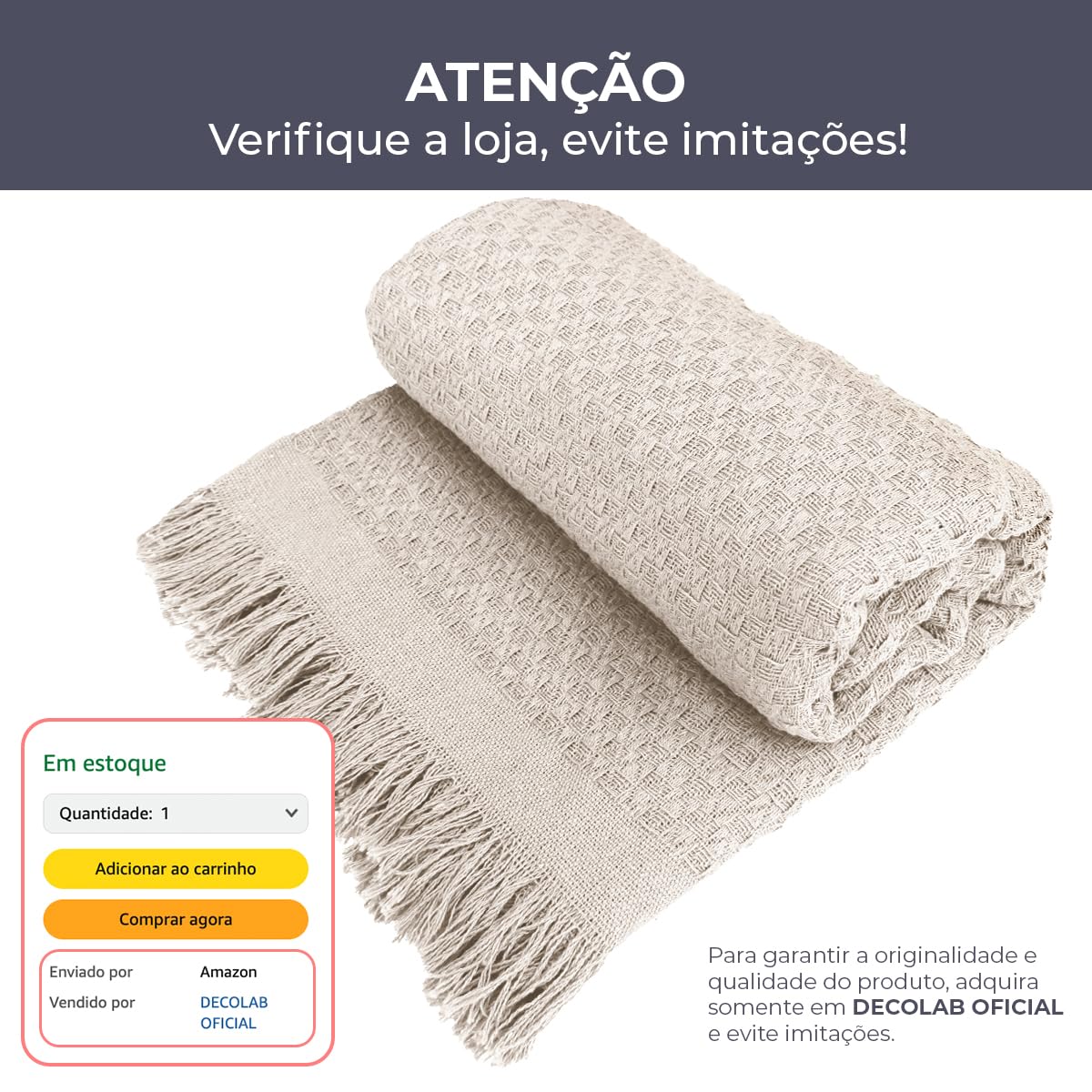 Decolab Manta para Sofá em Algodão com Franjas Artesanais | Cobertor Decorativo para Sofa, Poltrona e Cama | Estilo Boho Chic (Branca-Cru)