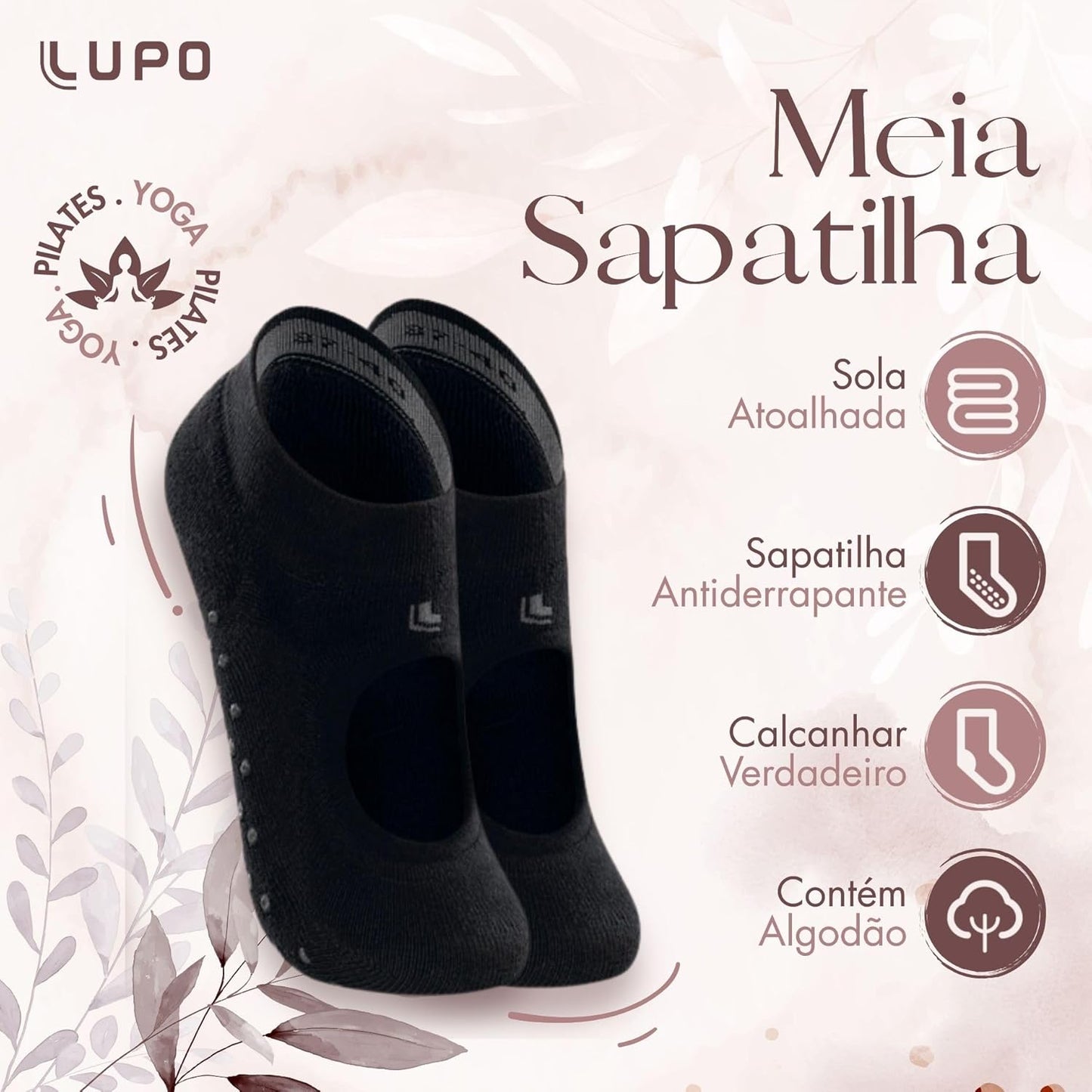 LUPO Meia Pilates Antiderrapante Sport Sapatilha Feminina Algodão, Preto, M (37-40)