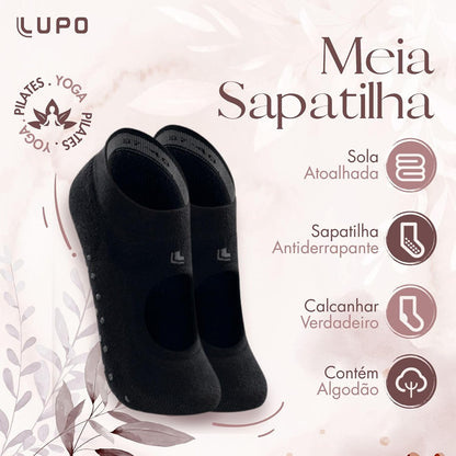 LUPO Meia Pilates Antiderrapante Sport Sapatilha Feminina Algodão, Preto, M (37-40)