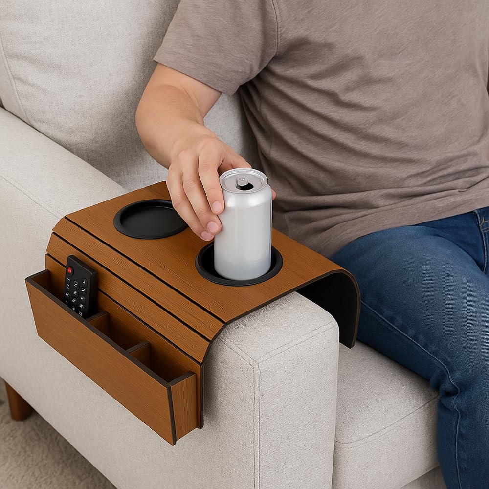 Kit 2 esteiras para braço de sofá com Bolacha de copos e porta controle material MDF protege seu sofá (1 esteira COM porta controle, 1 esteira simples, 4 Suporte copos)