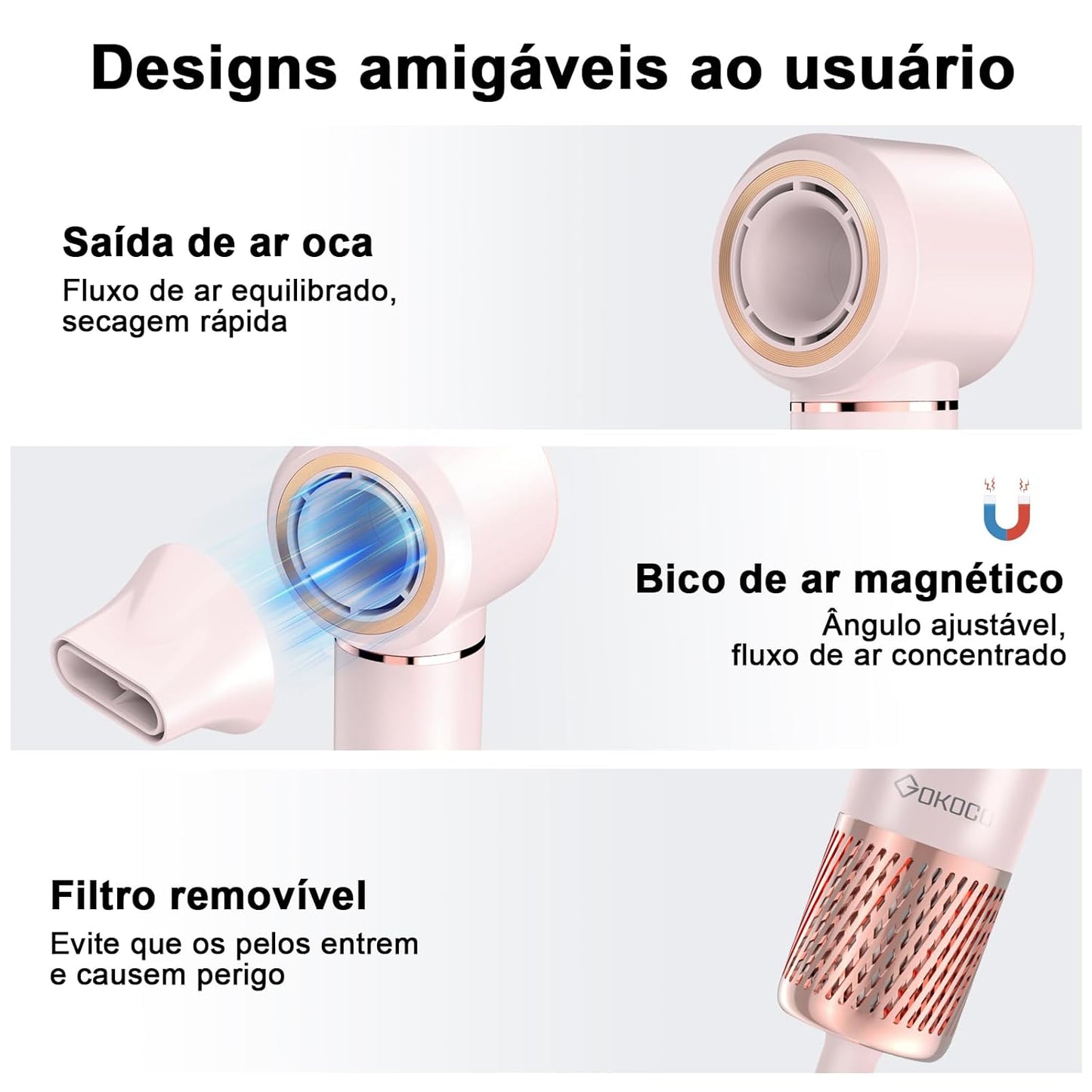 GOKOCO Secador de Cabelo 5 em 1 Conjunto, Escova Secadora 1400W Alta Velocidade 110000 Rpm, Kit Modelador Liso e Cacheado com Bocal Magnético 127Volt e 110Volt, Rosa