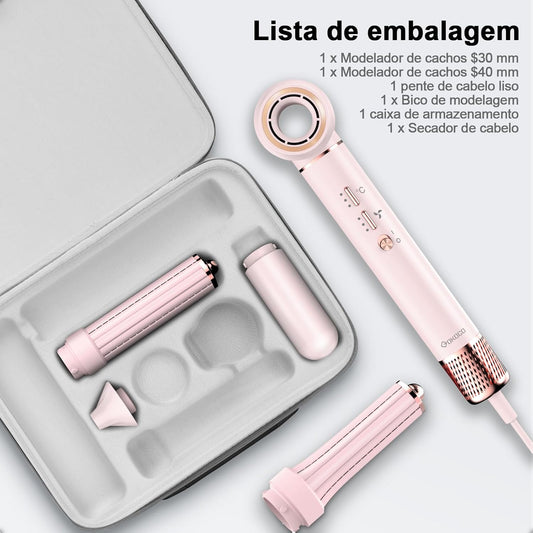 GOKOCO Secador de Cabelo 5 em 1 Conjunto, Escova Secadora 1400W Alta Velocidade 110000 Rpm, Kit Modelador Liso e Cacheado com Bocal Magnético 127Volt e 110Volt, Rosa