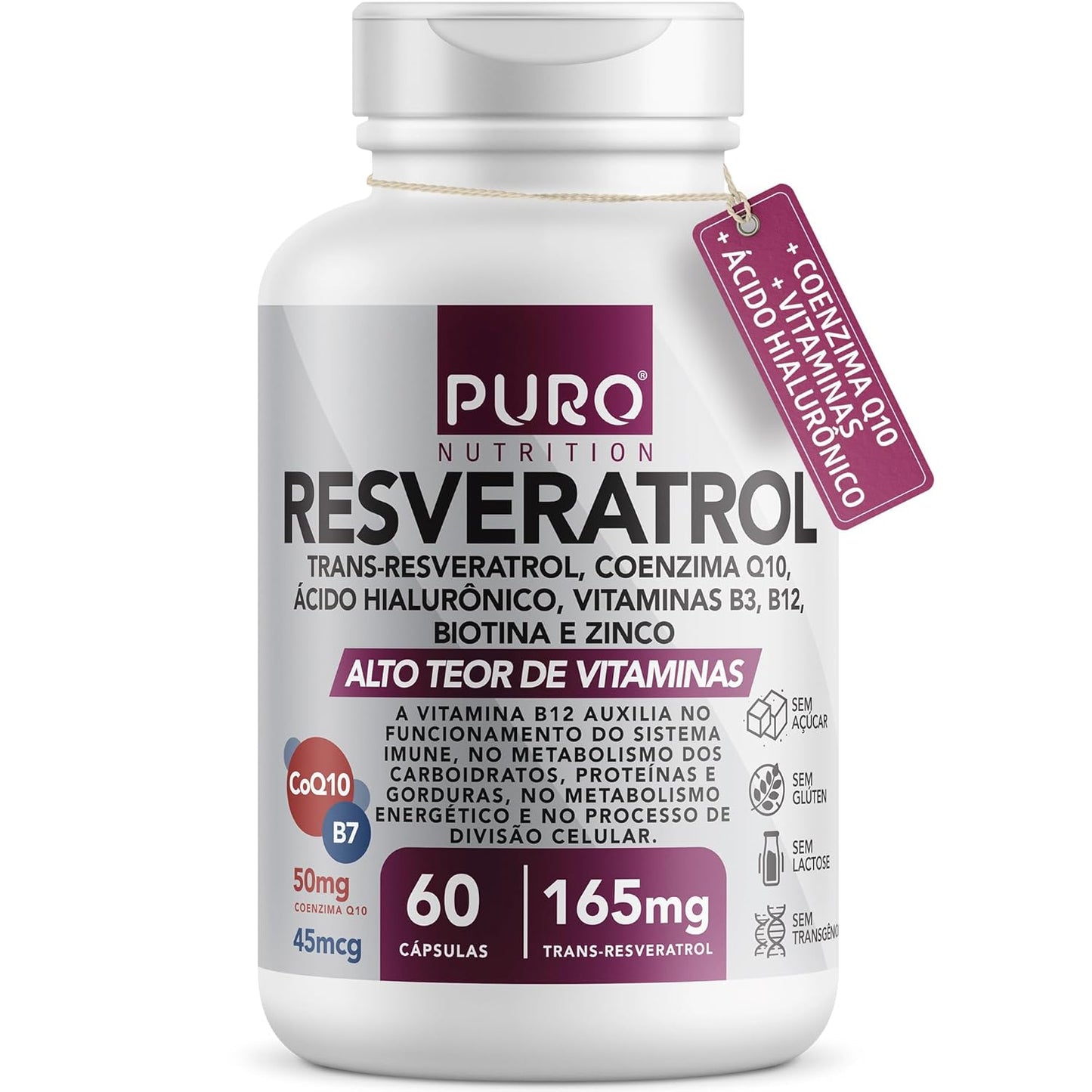 Resveratrol Trans 165 mg Puro Nutrition + Coenzima Q10, Ácido Hialurônico