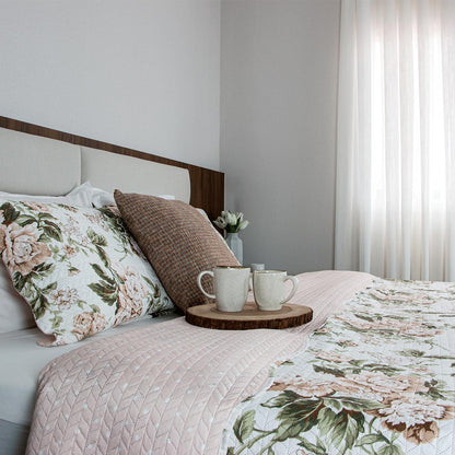 BEM CASA Kit Cobre Leito Colcha Boutis 3 Peças Matelado Ultrassônico Estampado Dupla Face Porta Travesseiro Aba Americana Micro Percal 150 Fios (Beatriz Rose, Casal)