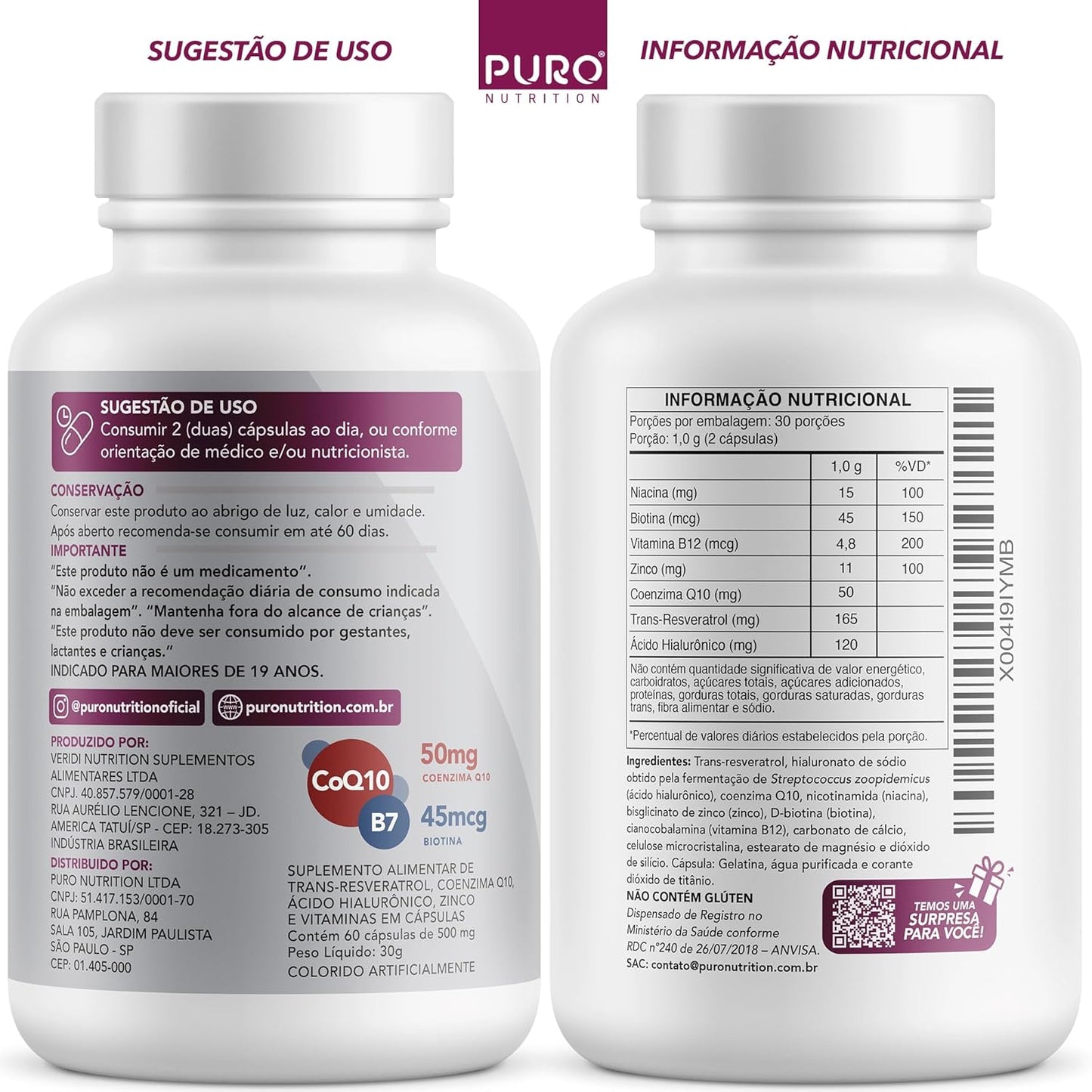 Resveratrol Trans 165 mg Puro Nutrition + Coenzima Q10, Ácido Hialurônico