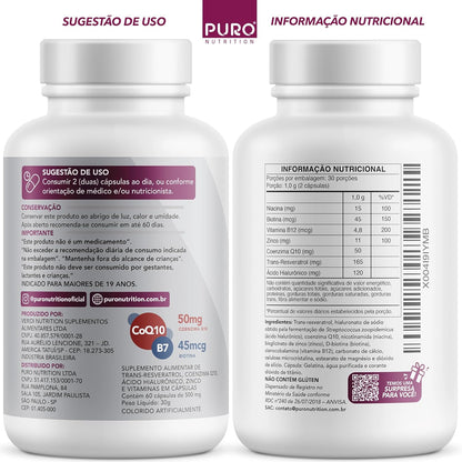 Resveratrol Trans 165 mg Puro Nutrition + Coenzima Q10, Ácido Hialurônico