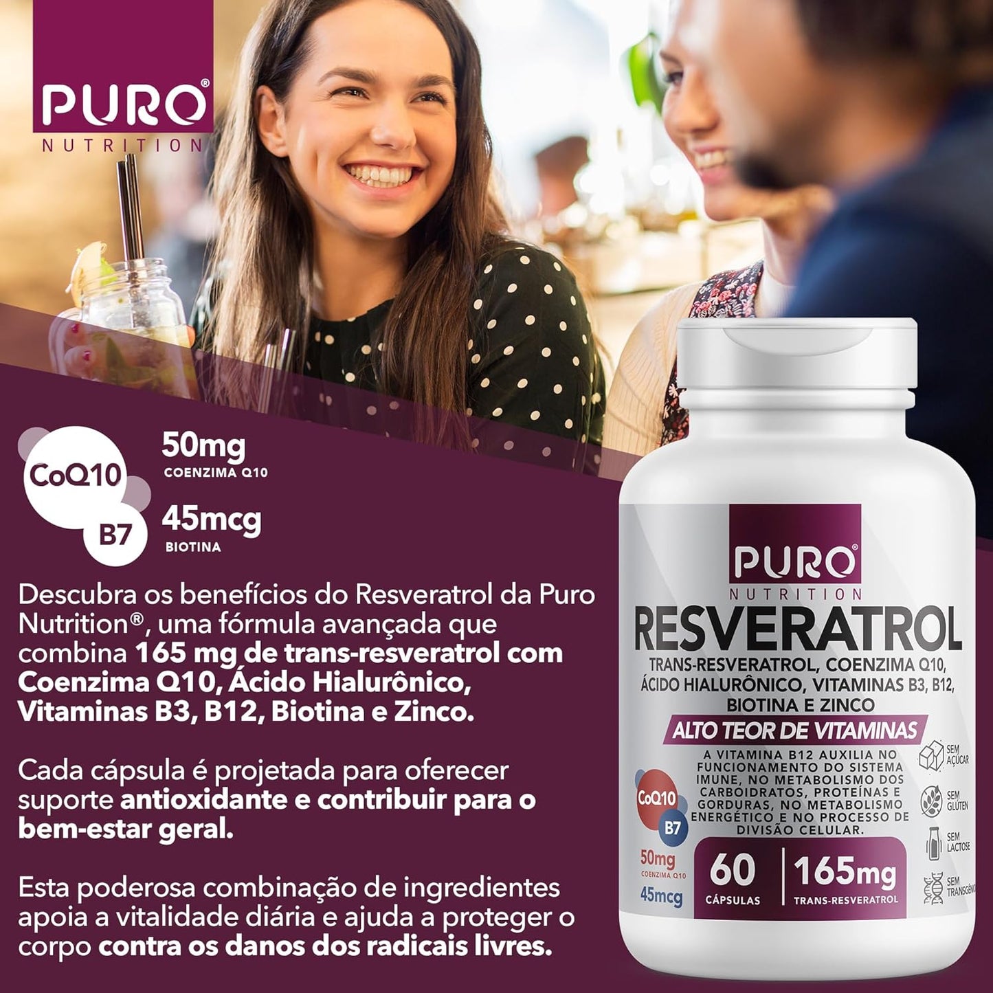Resveratrol Trans 165 mg Puro Nutrition + Coenzima Q10, Ácido Hialurônico