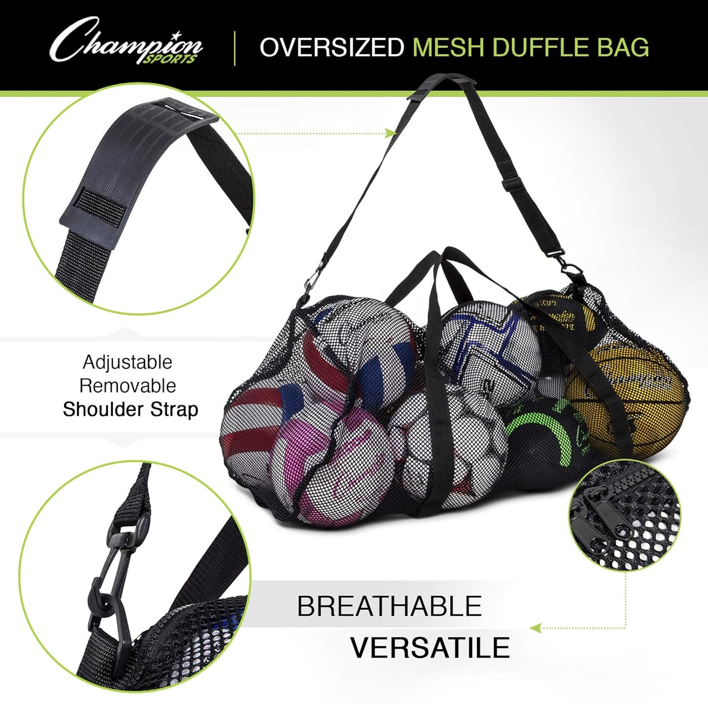 Champion Sports Bolsa de viagem de malha com zíper e alça de ombro ajustável - Bolsa de ginástica multiuso de 38 cm x 91 cm para equipamentos, equipamentos esportivos, lavanderia - Bolsa de viagem e