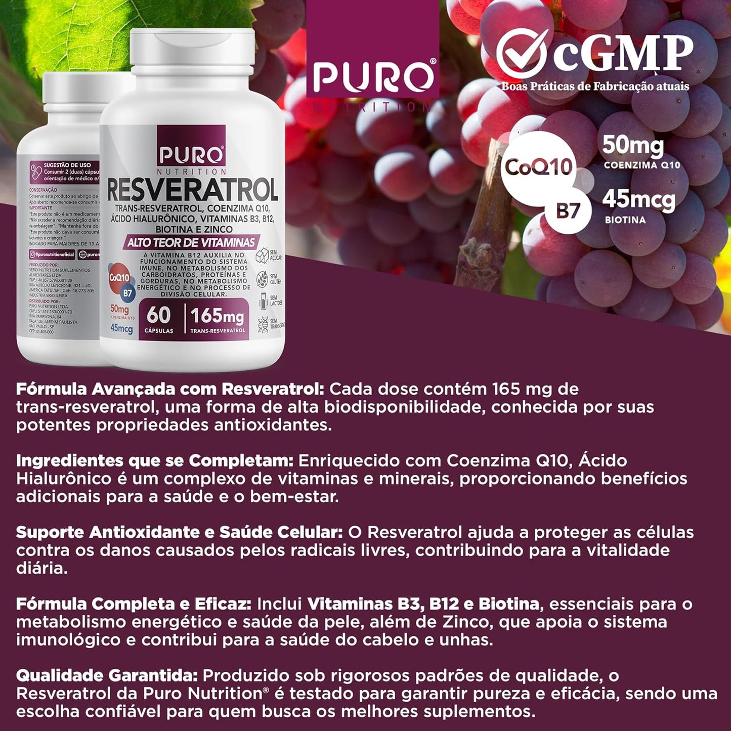 Resveratrol Trans 165 mg Puro Nutrition + Coenzima Q10, Ácido Hialurônico