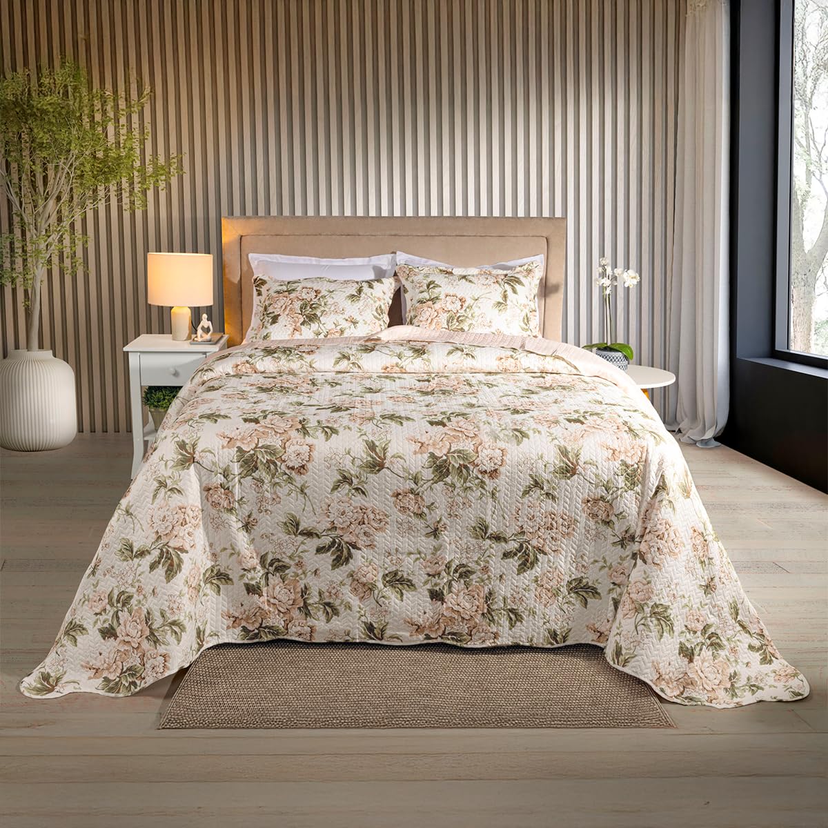 BEM CASA Kit Cobre Leito Colcha Boutis 3 Peças Matelado Ultrassônico Estampado Dupla Face Porta Travesseiro Aba Americana Micro Percal 150 Fios (Beatriz Rose, Casal)