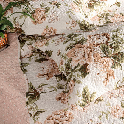 BEM CASA Kit Cobre Leito Colcha Boutis 3 Peças Matelado Ultrassônico Estampado Dupla Face Porta Travesseiro Aba Americana Micro Percal 150 Fios (Beatriz Rose, Casal)