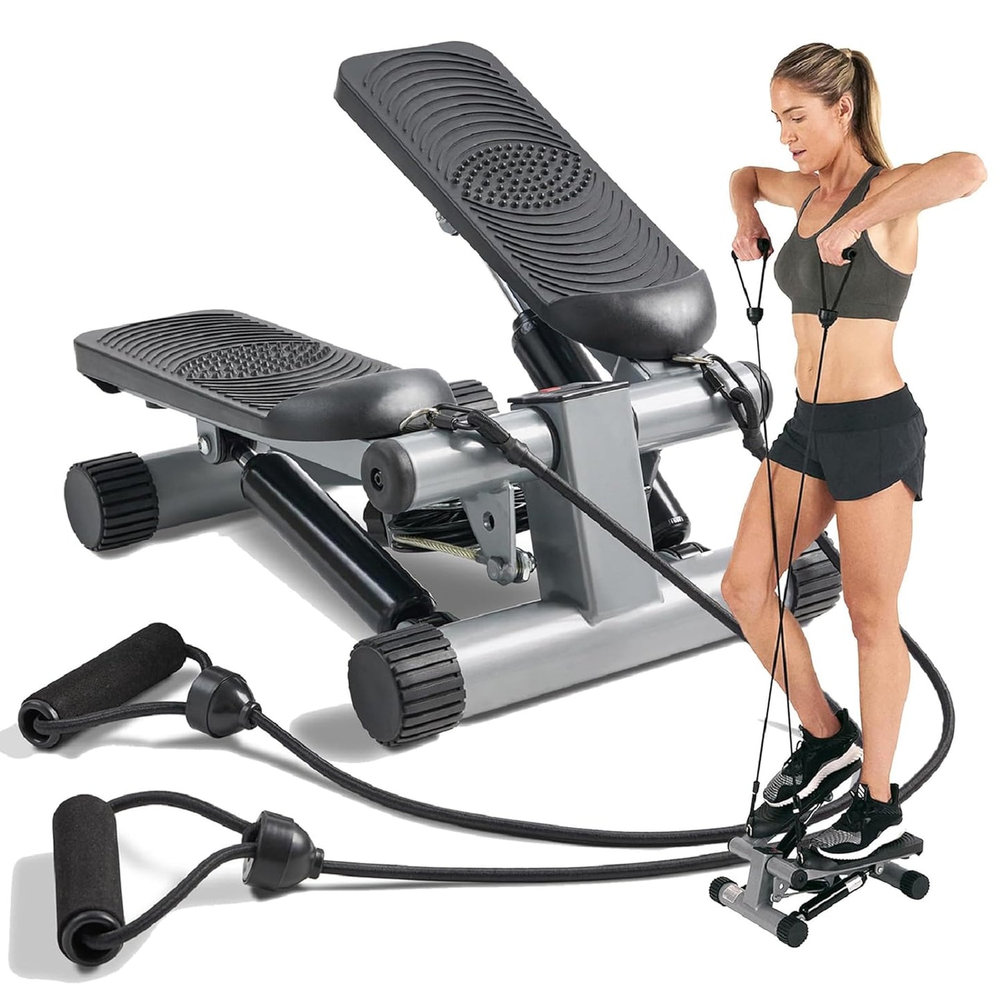 Sunny Health & Fitness Mini Stepper para Exercícios em Casa, Máquina de Treino de Degraus com Faixas de Resistência, Equipamento Cardiovascular de Corpo Inteiro com Monitor LCD