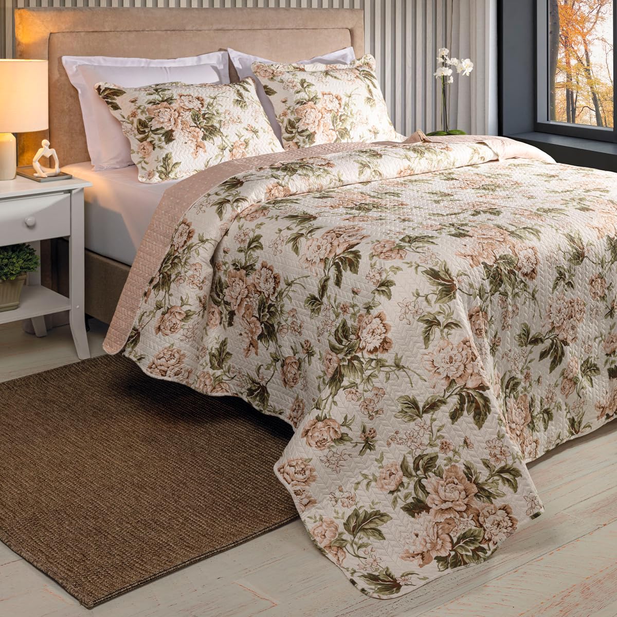 BEM CASA Kit Cobre Leito Colcha Boutis 3 Peças Matelado Ultrassônico Estampado Dupla Face Porta Travesseiro Aba Americana Micro Percal 150 Fios (Beatriz Rose, Casal)