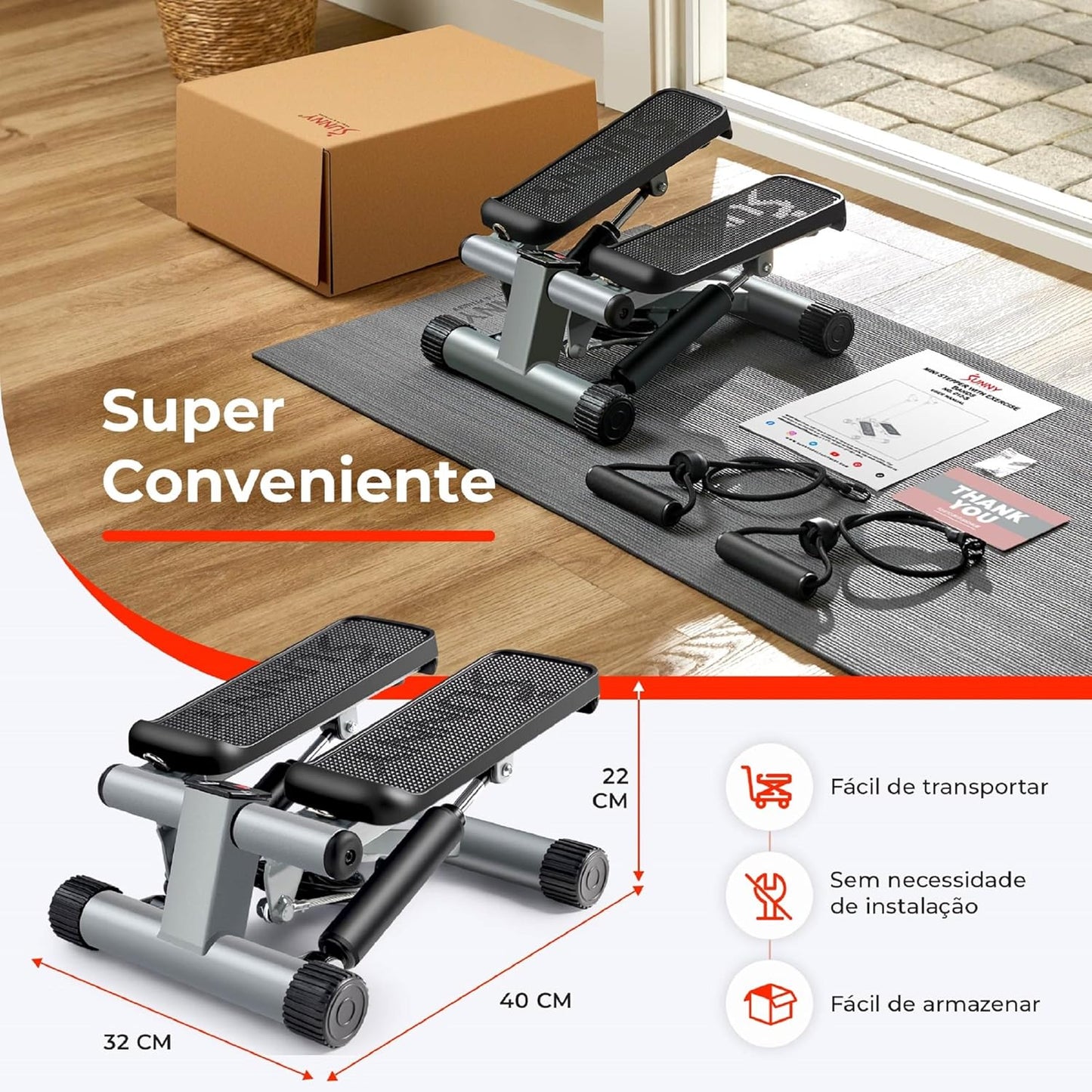 Sunny Health & Fitness Mini Stepper para Exercícios em Casa, Máquina de Treino de Degraus com Faixas de Resistência, Equipamento Cardiovascular de Corpo Inteiro com Monitor LCD