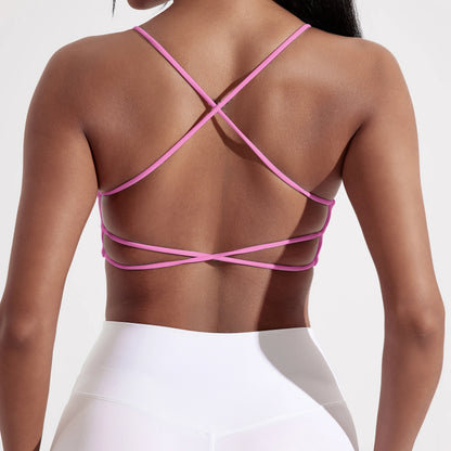 Roupa íntima de ioga para academia de cor sólida, feminina, alças cruzadas nas costas, sutiã fitness de alta resistência, top esportivo justo e abrangente com bojo