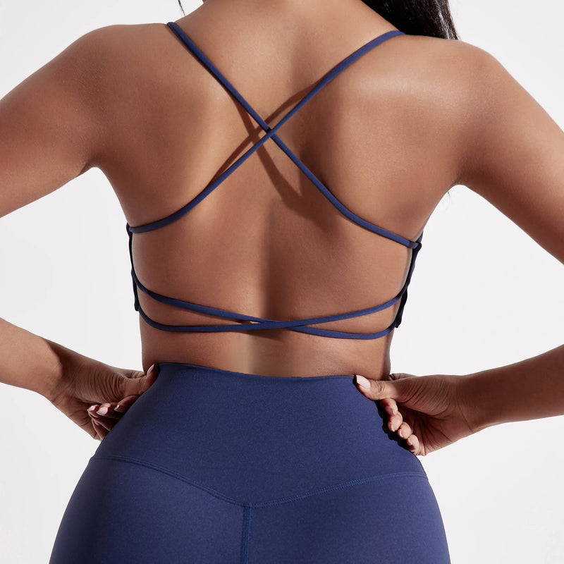 Roupa íntima de ioga para academia de cor sólida, feminina, alças cruzadas nas costas, sutiã fitness de alta resistência, top esportivo justo e abrangente com bojo