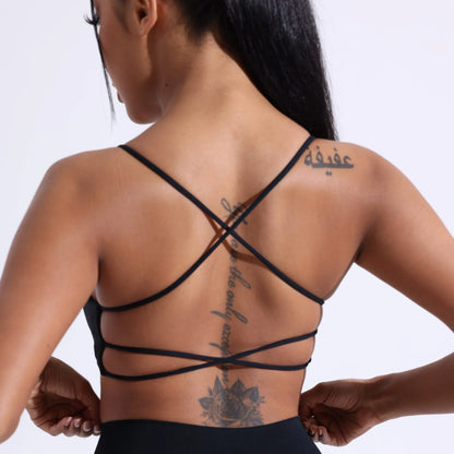Roupa íntima de ioga para academia de cor sólida, feminina, alças cruzadas nas costas, sutiã fitness de alta resistência, top esportivo justo e abrangente com bojo