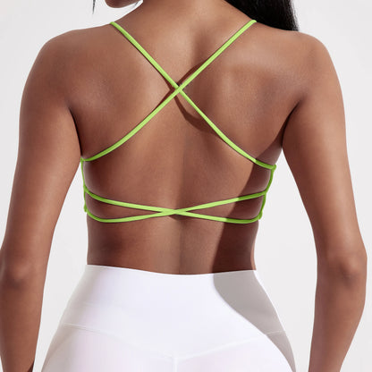 Roupa íntima de ioga para academia de cor sólida, feminina, alças cruzadas nas costas, sutiã fitness de alta resistência, top esportivo justo e abrangente com bojo