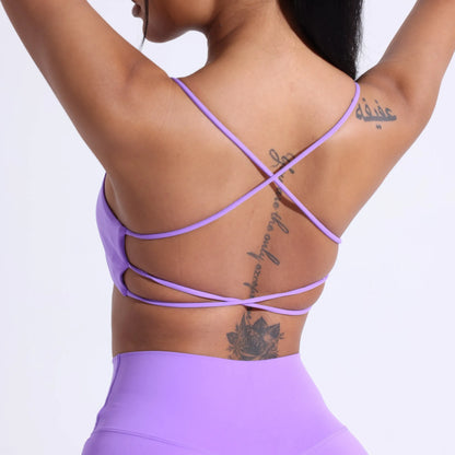 Roupa íntima de ioga para academia de cor sólida, feminina, alças cruzadas nas costas, sutiã fitness de alta resistência, top esportivo justo e abrangente com bojo