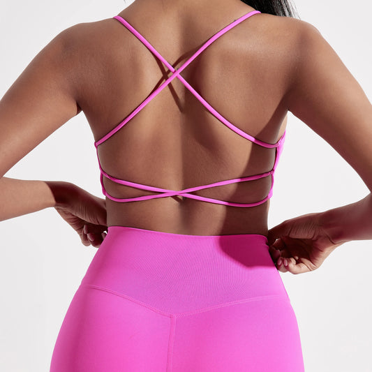 Roupa íntima de ioga para academia de cor sólida, feminina, alças cruzadas nas costas, sutiã fitness de alta resistência, top esportivo justo e abrangente com bojo
