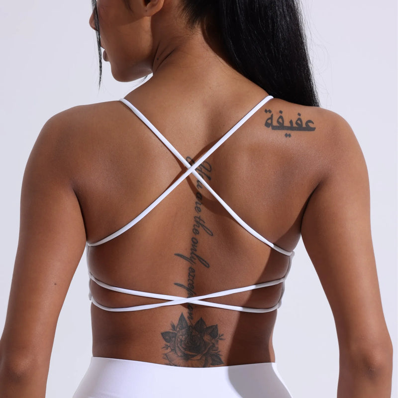 Roupa íntima de ioga para academia de cor sólida, feminina, alças cruzadas nas costas, sutiã fitness de alta resistência, top esportivo justo e abrangente com bojo