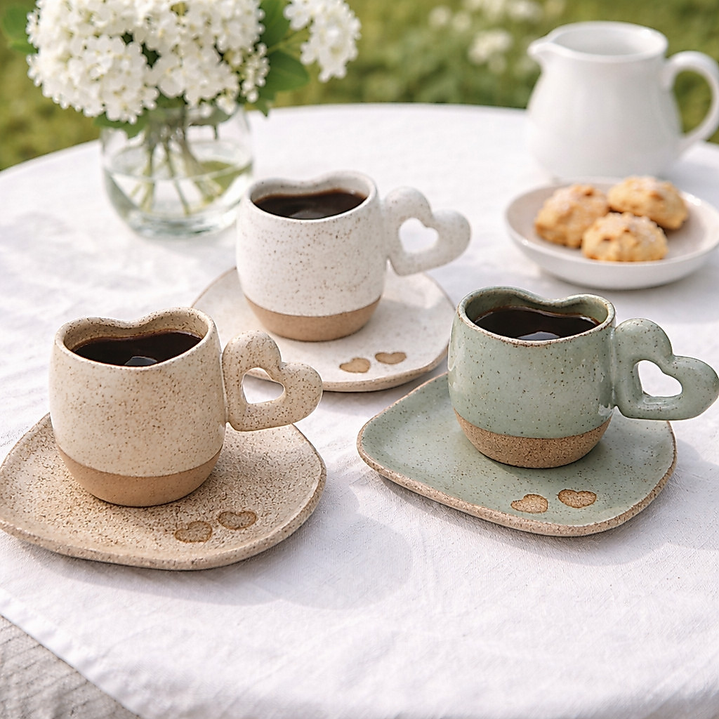 Xícara Coração com Pires Cerâmica 120ml Café Chá Mesa Posta Luxo Louça Artesanal Decoração Café Amor