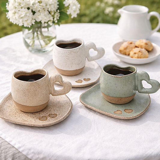 Xícara Coração com Pires Cerâmica 120ml Café Chá Mesa Posta Luxo Louça Artesanal Decoração Café Amor